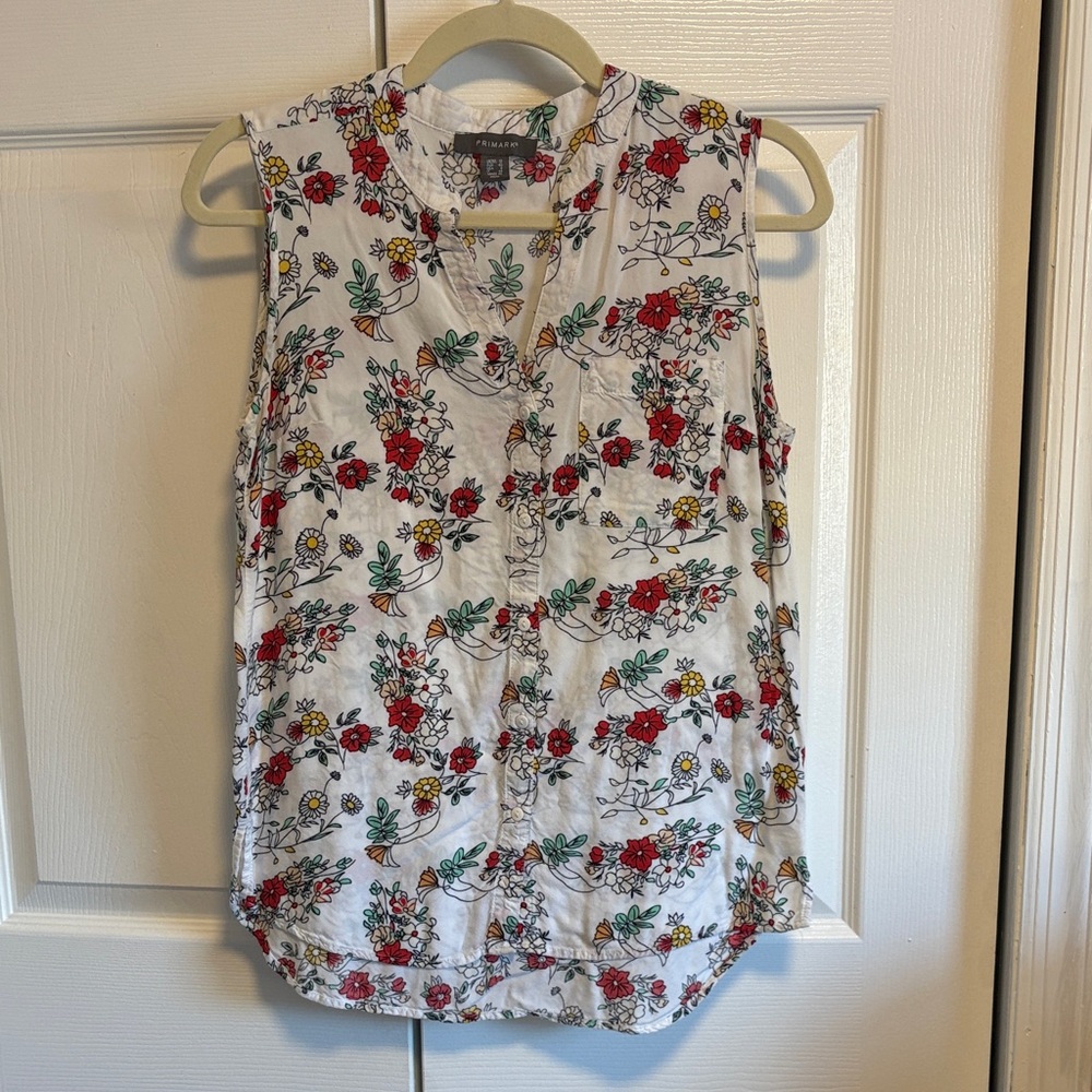Primark Floral Sleeveless Blouse - Red, Yellow, and Green on White